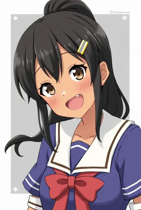 best quality, masterpiece, highres, solo, {nagatoro_hayase_donttoywithmemissnagatoro:1.15}, black_hair, long_hair, dark-skinned_female, dark_skin, brown_eyes, hairclip, hair_ornament, blush, bangs, smile, 1girl, closed_eyes, fang, open_mouth, upper_body, f...