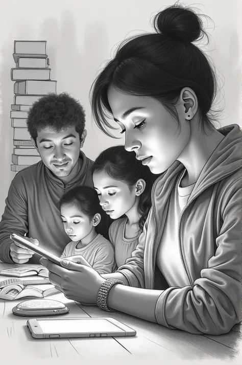 scenario:  A  at a dining table ,  with their faces focused on a tablet or cell phone ,  while the surrounding parents also look at their own devices. In the background,  theres a stack of books about education or empathy , untouched .

text:  One parent c...