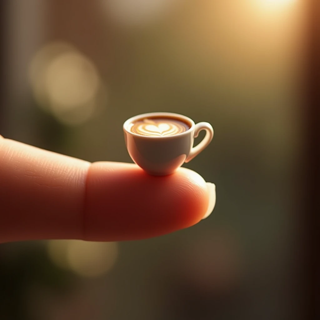 a miniature coffee on fingertip, ultra-detailed, photorealistic, high quality, cinematic lighting, realistic materials, macro photography, fine art, delicate, intricate details, soft focus, shallow depth of field, warm color tones, natural lighting, high c...