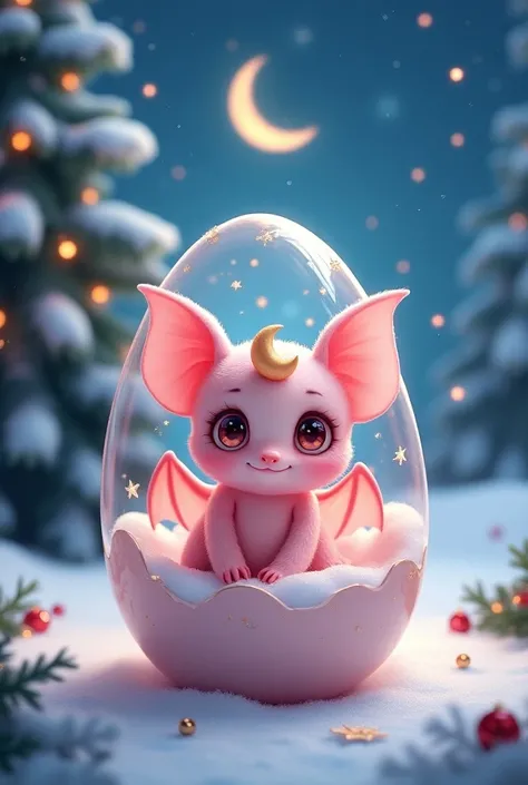 anime, pink bat stuck in an egg a moon on its forehead, Christmas background