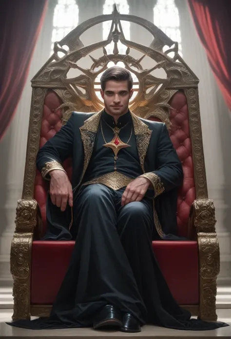 elegant muscular male deity of lust , sitting on an ornate throne, wearing dark clothes adorned with gold and red details, exuding power and allure, luxurious velvet curtains and ornate decor in the background, intense and inviting expression with a slight...