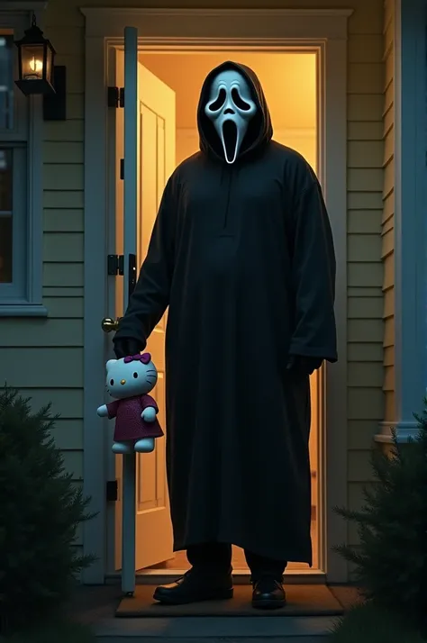 Man wearing a horror mask from Scream outside the house knocking on the door with a Hello Kity plush toy