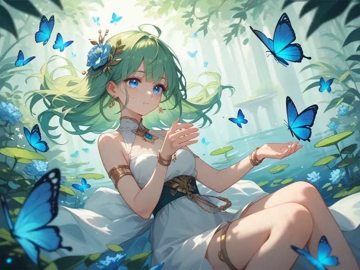 A green haired girl with blue eyes sitting in a pong water floating around her and glowing butterflies flying around her shes holding a  blue flower and the color theme is blue, green, white, and gold