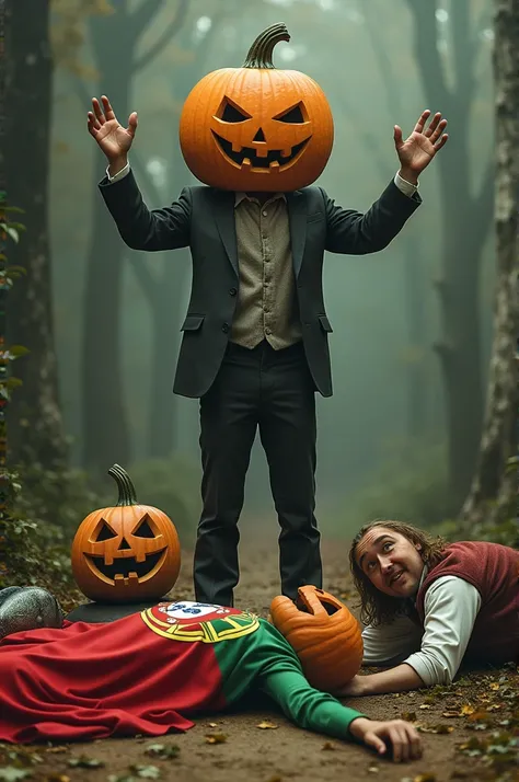 Make a man with a pumpkin head celebrating ,  while there is a man with the Portuguese flag lying on the ground fainted,  and on the side of the fainted man there is a man who has fainted fish too 