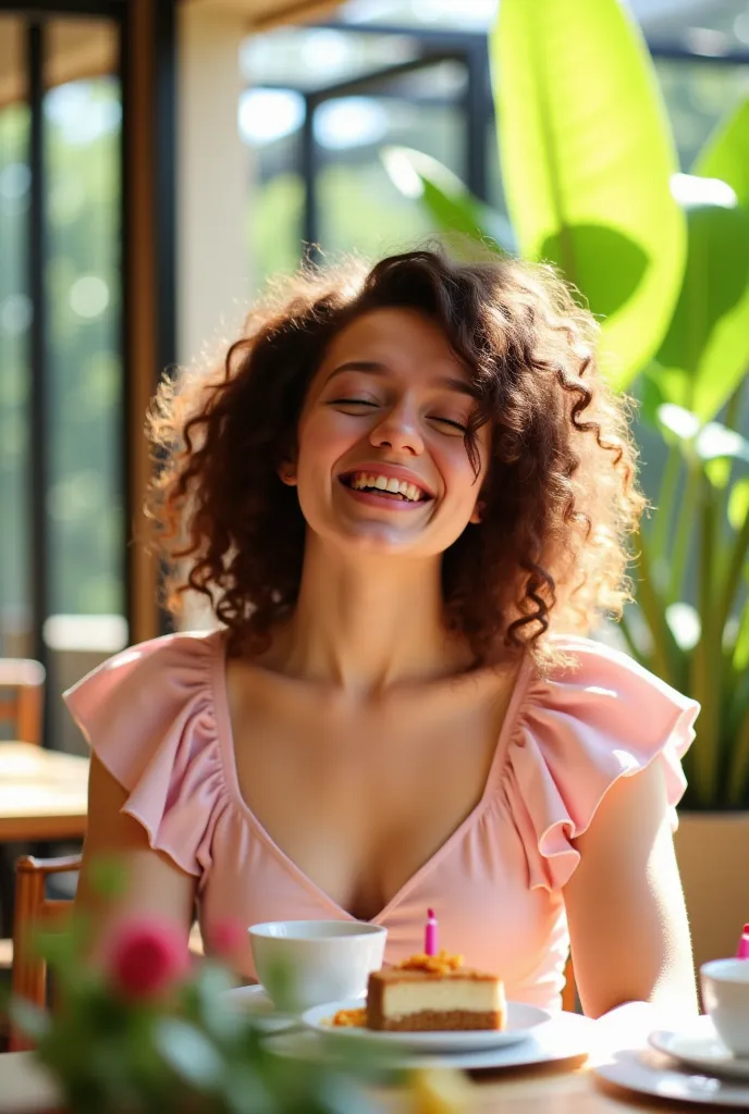 the image is a photograph of a young woman celebrating a birthday. she is sitting at a table outdoors, surrounded by a lush gree...