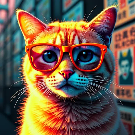  orange FLUORESCENT ACRYLIC INK , yellow, green, rosa,  Andy Warhol-style art , tokyo japan, oculos memes de varias fluorescent colors,  inside the newsstand , Sebo ,  with thousands of magazine covers featuring punks cats with printed pixel glasses,mockin...