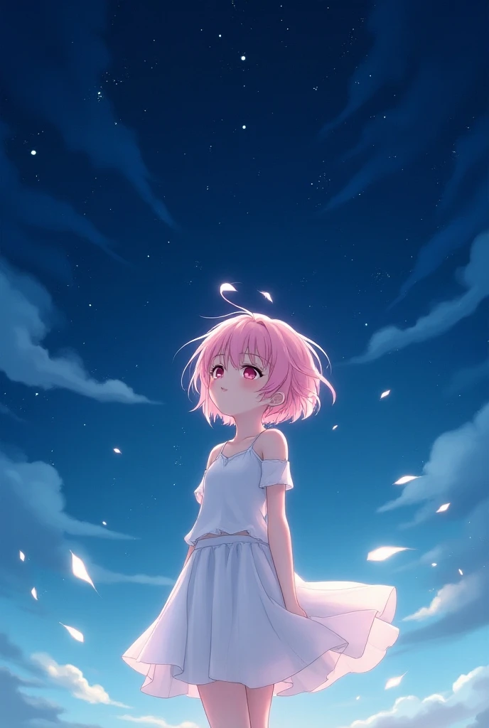 An angel girl with short messy pink hair and a short white skirt looking up at night, perspective from the feet