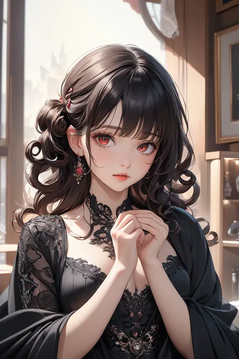 woman, her semi-curly dark hair blanketed one of her eyes, red eyes,  fully_clothed, detailed background, every detail is rendered in superb detail, perfect composition, masterpiece, best quality, 8k, ultra-detailed, very clear, perfect anatomy, anatomical...