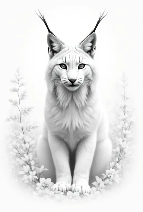  Beautiful realistic lynx looking at the spectator painted in realistic white, drawn in pencil with a defined and fine outline painted all white.  In the background, a lush forest surrounded by flowers and leaves, very detailed and defined in autumn . pain...