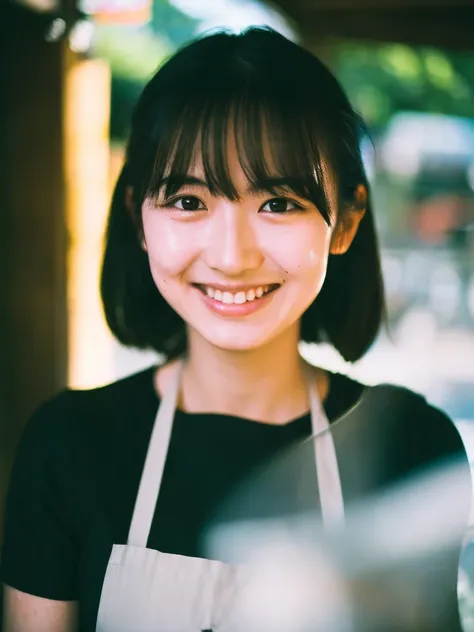 Japanese woman, black shirts、red apron, Sweaty shiny skin、Young Face, morning, cafe, Incomplete details, Shooting with Leica, analog, 35mm:: (Artistic light leakage:1.4), Lens flare::4 - Style Row - AR 2:3 --s 150 --c 4,smile