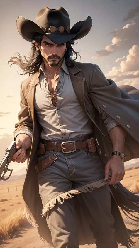 black hair, cowboy hat, 1400s clothes, 38 revolver, gray hair, 8k high definition