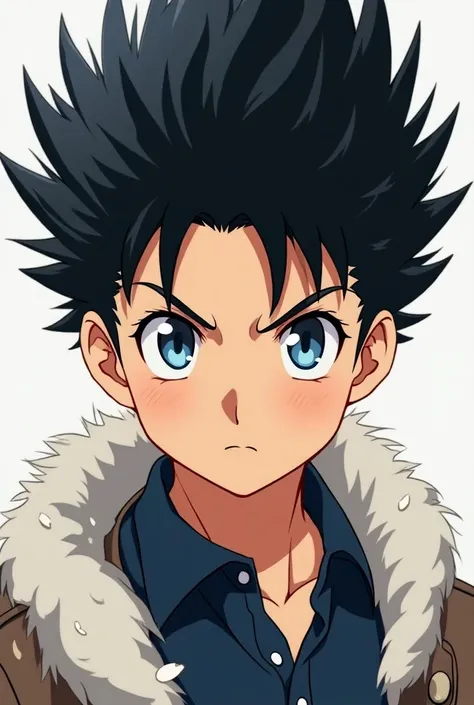 anime,  Young boy with big black hair and blue eyes,  with large and expressive eyes ,mature look ,  athletic and mature face .