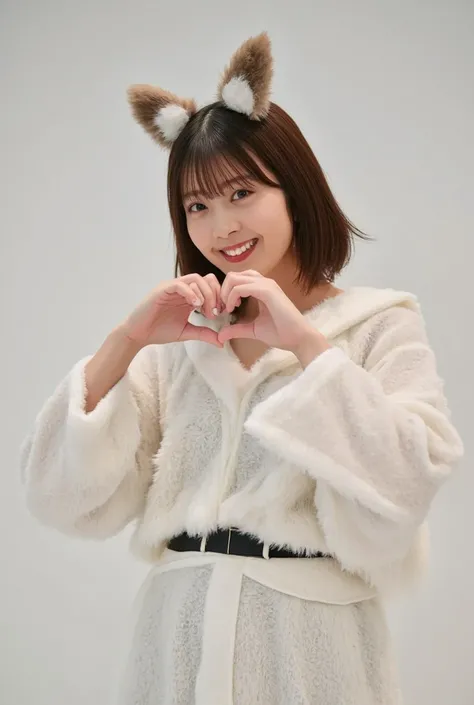 Only one woman with a cute smile wears cute, fluffy off-shoulder pajamas, makes a big heart shape with both hands, and poses them in front of her chest, View above collarbone、The background is a monotone 

