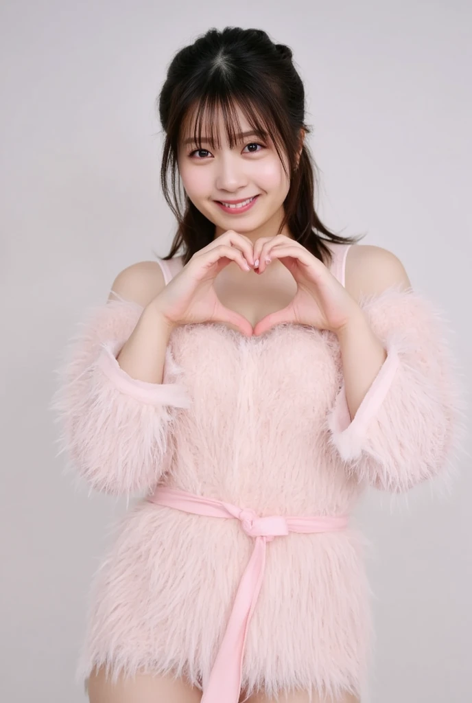 Only one woman with a cute smile wears cute, fluffy off-shoulder pajamas, makes a big heart shape with both hands, and poses them in front of her chest, View above collarbone、The background is a monotone 

