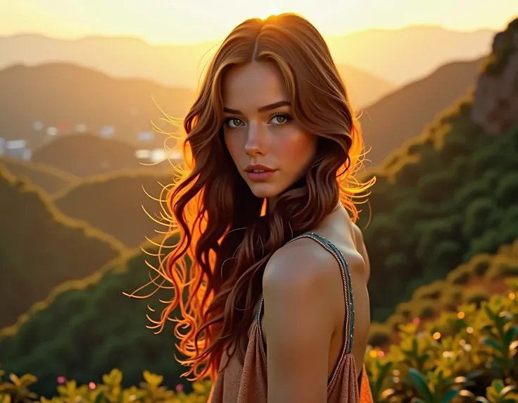  Create for me a photo as realistic as possible of a beautiful girl inspired by the singer Lana del Rey,  the photo is in an environment with a lot of nature ,  she has long chocolate red hair ,  a fixed and sensual look ,  in addition to wearing a loose d...