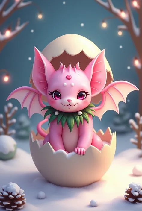 anime,  pink bat stuck in an egg a moon on its forehead, Christmas background, green leaf necklace ,  two white dots on the forehead , white vampire wings .