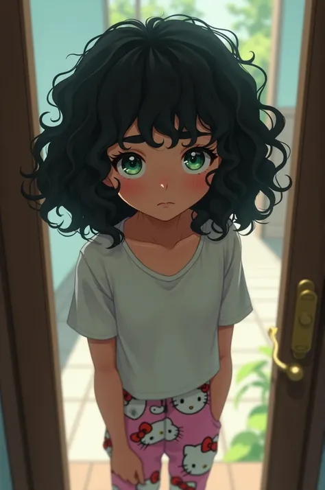  Bottom view of a teenager with curly black hair,  green-eyed,  short sleeve white t-shirt and pajama pants from Hello Kitty , shy at your front door 