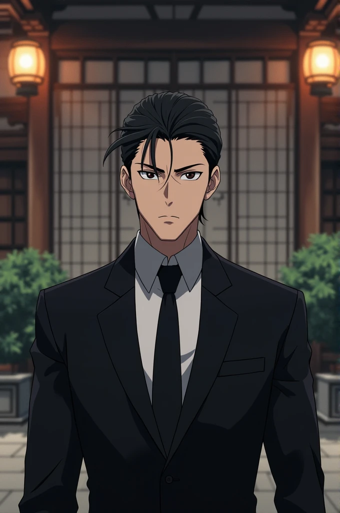 Screenshot of a 30-year-old black-haired man in a black suit with a serious face in the background of an anime mansion