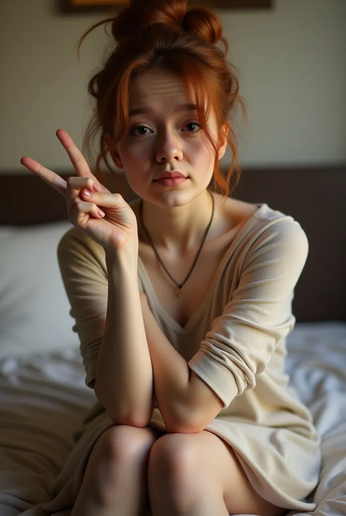 This is a photograph of a young woman taken indoors, likely in a bedroom. She is sitting on a bed or a floor, with her legs bent and her body leaning slightly to one side. She has fair skin and auburn hair styled in a messy bun on top of her head. She is m...