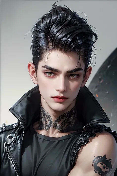 Wild look slender vampire male with lean figure, black long punk mohawk hair, sallow skin, long face, pointed ears, prominent cheekbones, protruding chin, well-marked eyebrows, crinkly deep-set yellow eyes, crooked narrow nose, tight mouth with well cut da...