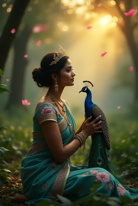 

"Create a serene, ethereal scene set in a mystical forest during twilight, featuring an elegantly dressed woman in traditional Indian attire. She wears intricate jewelry and a vibrant, floral-adorned sari with shades of teal and pink. The woman is seated...