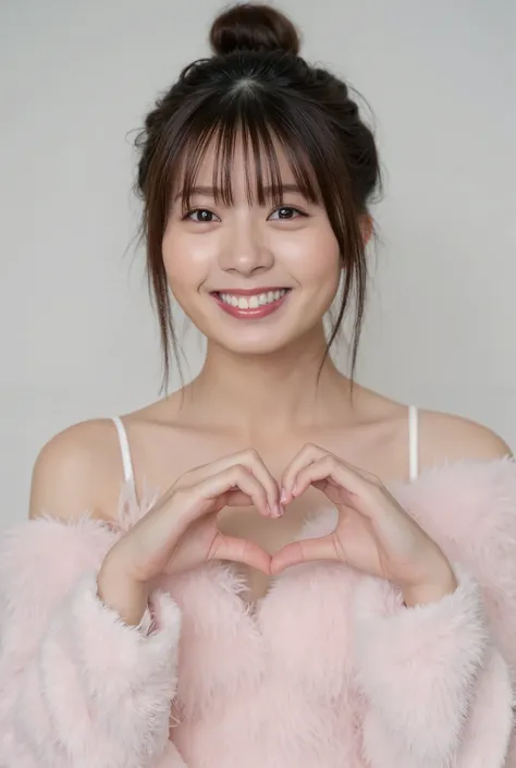 Only one woman with a cute smile wears cute, fluffy off-shoulder pajamas, makes a big heart shape with both hands, and poses them in front of her chest, View above collarbone、The background is a monotone 

