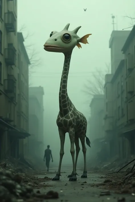  A surreal giraffe with a giraffes body and a fishs face ,  walking in a post-apocalyptic world infested with zombies .  The girafe-fish has a curious and puzzled expression while observing the desolate environment.  Around there are ruined buildings , emp...