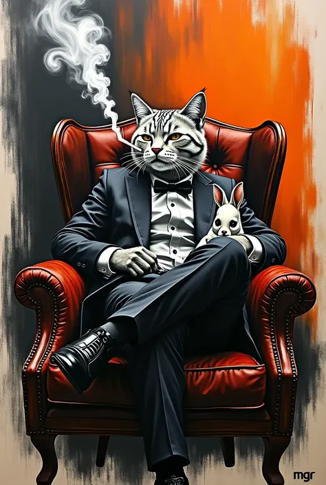 (photorealism:1.2), graffiti stencil art of a cat in a luxurious chair he wears a suit he smokes a cigarette that comes out a skull of smoke he has accessories, the background is a gradient from black to orange traced by brush, in the lower right corner he...