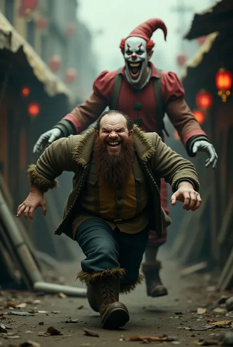 A dwarf running from a clown 