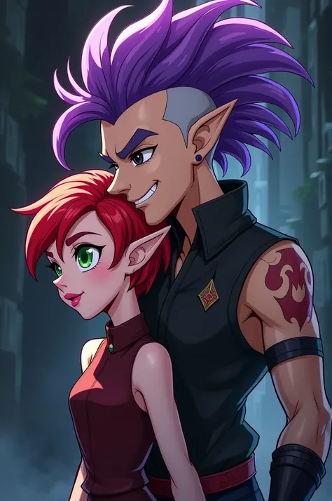 A male elf, With purple hair in a mohawk cut in a gradient, With heterochromia one black eye and one black eye ,  behind a red-haired woman of Marias short chicks and light green eyes dark fantasy cartoon 