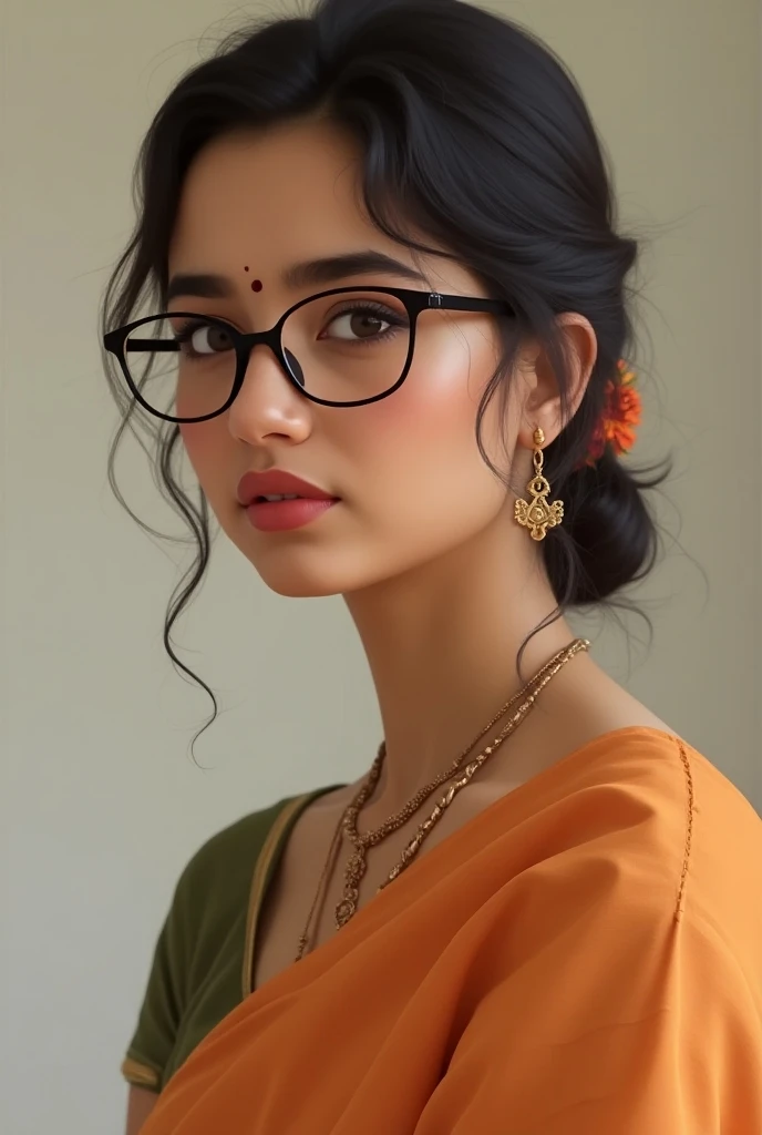 A light colour girl wearing saree, spectacles , kungumam in her fore head , nice jaw line,light colour lipstick, thin lips,little bit broad neck , indian look