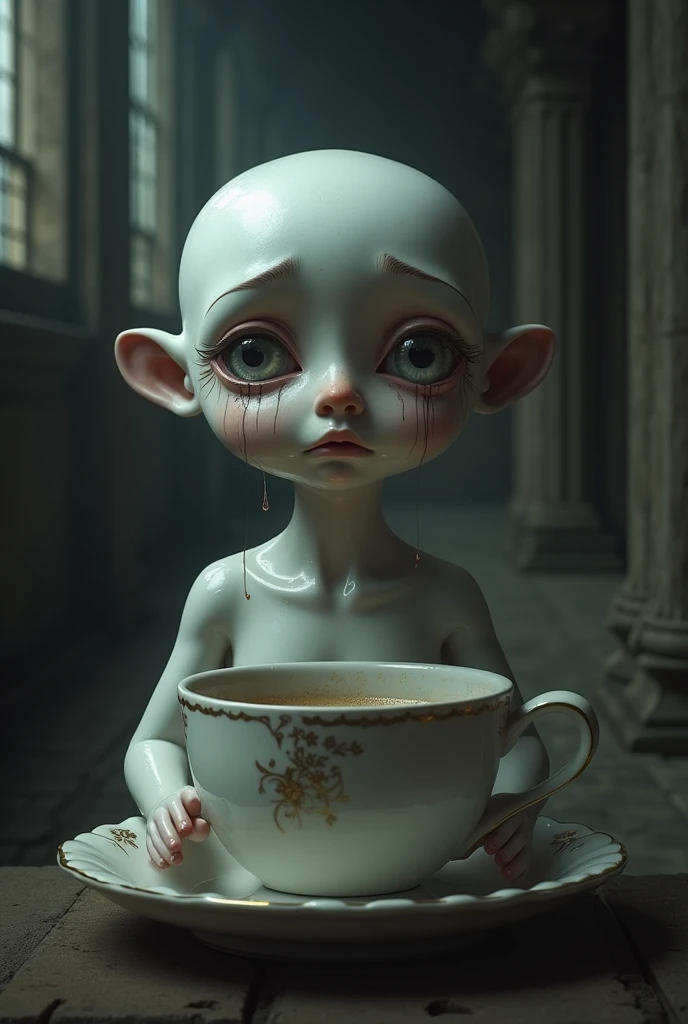 An anthropomorphic cup weeping in the Gothic style 
