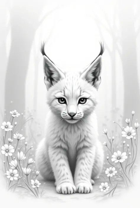 Beautiful big realistic baby lynx looking at the viewer,   painted in realistic white color drawn in pencil with a defined and thin outline painted all white.  In the background, a lush forest surrounded by flowers and leaves, very detailed and defined in ...