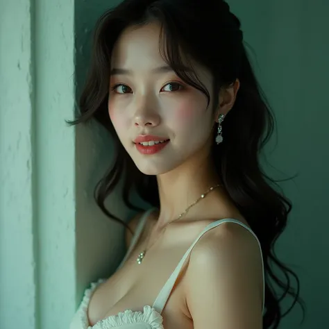 Extremely cinematic photography, full body of a young beautiful porcelain-skinned spectral glow Japanese woman, bareshoulders, cleavage, smile, In the style of Jed-clrfl, highly detailed 8K image, top view, In the style of Jed-clrfl, highly detailed 8K ima...