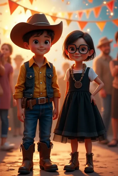  create an image of a boy dressed as a cowboy, And one in a black dress ,  with short hair wearing round glasses , Theyre at a party 
