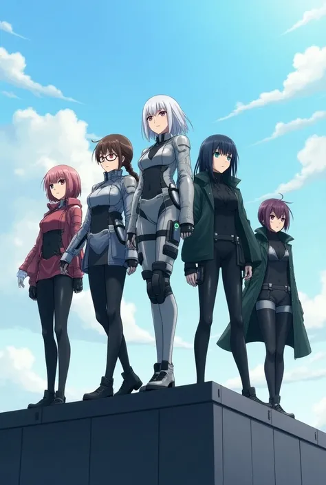 A group of five anime-style women with different poses with serious and cold expressions on top of a building looking up at the sky dressed in futuristic clothes,  one of them is tall with white hair , Another has brown hair and wears glasses, the third ha...