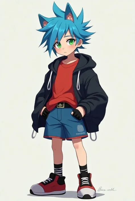  Anime boy ,  teenager , blue hair with fringe ,hedgehog ears , green-eyed,pupils with infinity symbol, red shirt, Black sweatshirt,black belt,blue shorts,  black and white socks , black and white gloves , red shoes