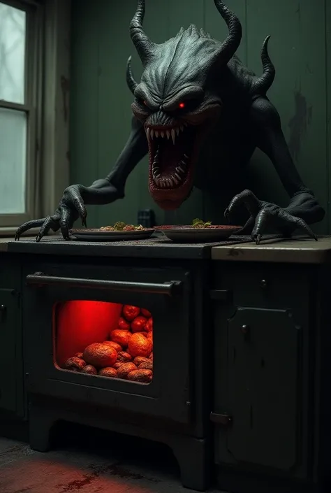  A sinister stove with a terrifying expression and sharp teeth ,  as if ready to devour .  The stove has a dark and old design ,  with burn marks and rust that give it a macabre appearance .  The teeth are large and threatening ,  leaving the oven door ,  ...