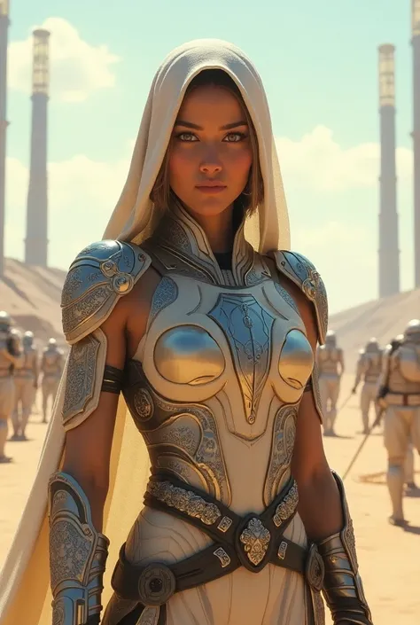  Arab warrior from a distant future ,  dressed in light armor inspired by Islamic patterns .  She wears an elegant metallic veil and has a curved energy sabre next to her . His gaze is intense,  her eyes stand out in shades of gold and blue .  in the backg...