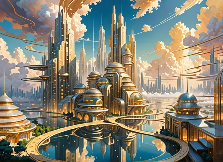  A futuristic city floating among golden clouds ,  with translucent buildings and spiral paths .  Each building has a faint lighting and sunlight comes through,  casting fantastic shadows on the cloud floor . Style: modern impressionism, soft colors and me...