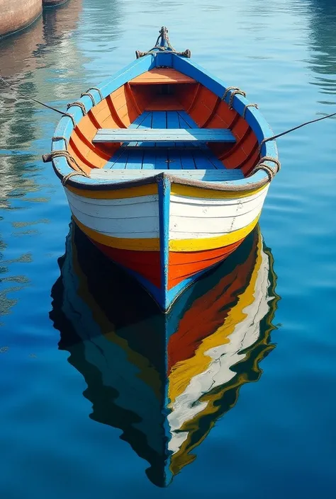 blue, white, yellow and red painted wooden boat tied to one side, a photorealistic painting by Richard Carline, pexels, photorealism, blue reflections, reflections on water, detailed reflections, reflection in water, reflection on water, reflections on wat...