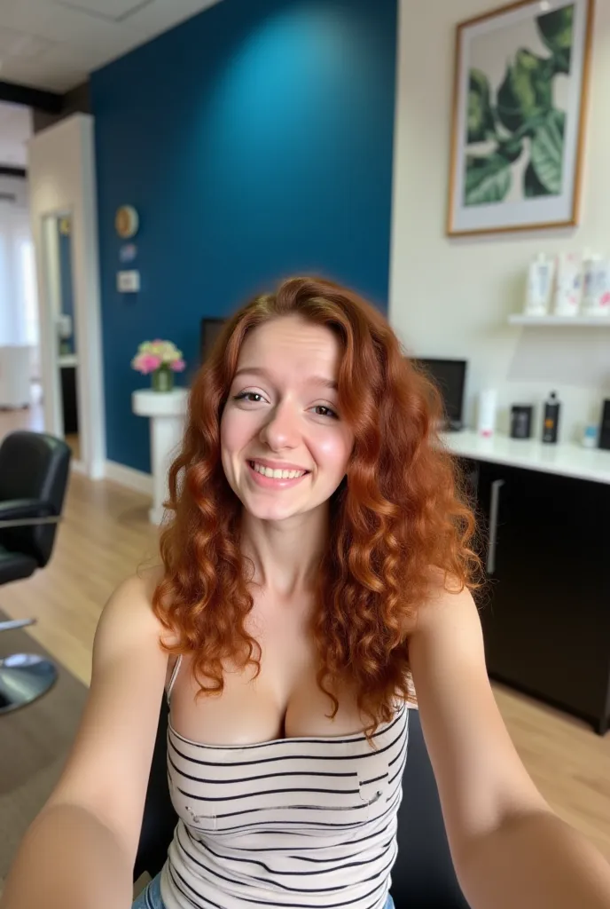 the image is a photograph taken in a modern, well-lit salon. a young woman, teenager, with long, curly auburn hair is seated in ...