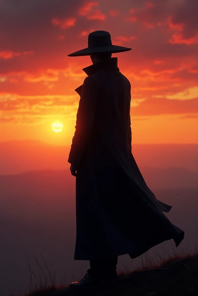 Man in the hat,  black coat , watching the sunset.