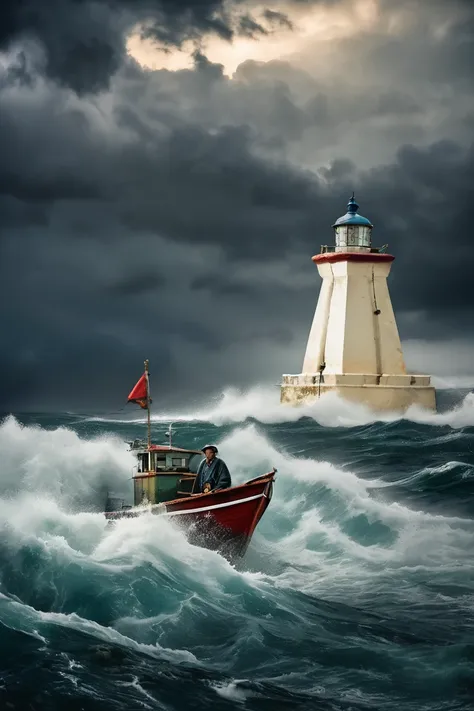 A photo full of courage and calm in danger of a fishing boat and its old fisherman who is fighting a storm controlling his boat in the tidal current, swaying violently in the turbulent sea. The boat was illuminated by an ancient light in the distance
light...