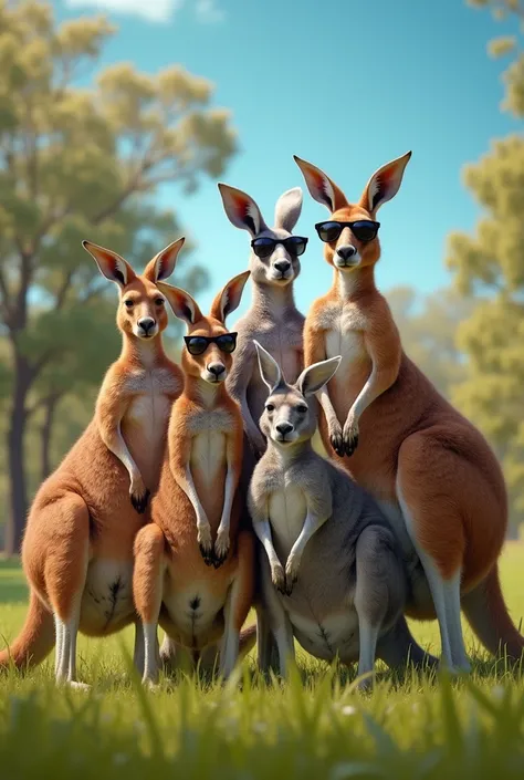 Photo where a kangaroo takes a stylish selfie with other kangaroos