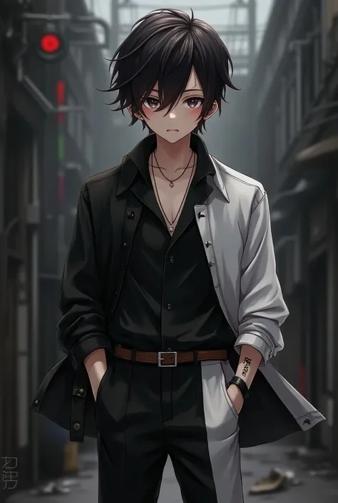 Create an anime character with dark brown hair wearing black and white clothes and black and white pants young man with black hair and eyes with red pupil