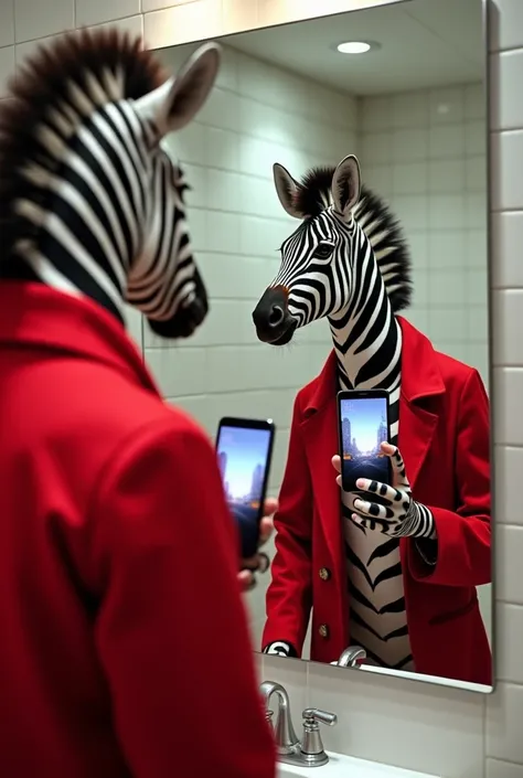 A zebra in front of a mirror wearing a red coat in a bathroom with an iPhone 12 in hand with the flash on 