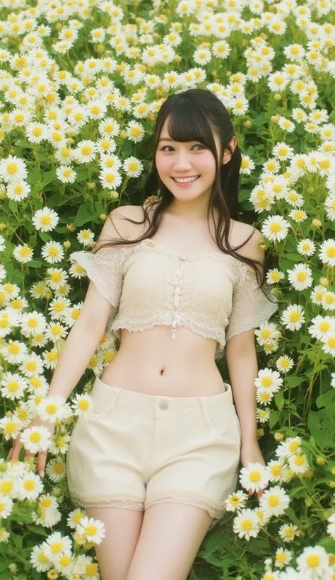 (((Background is a flower field:1.5))),Composition  ,((( is on all fours:1.4))),High image quality, 32K,  extremely accurate anatomy, masterpiece, Realistic,  very detailed,   photo volume release ,  Hi-Res, ((Lying in a field of flowers:1.4, look up , cut...