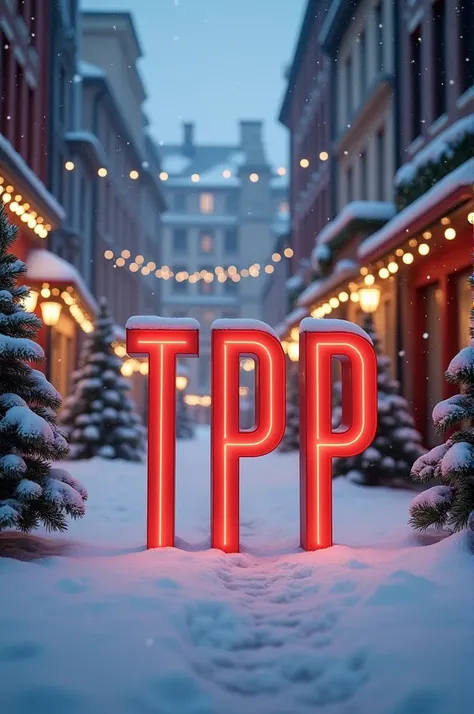 A sign that says TPP in a snowy city with Christmas lights 