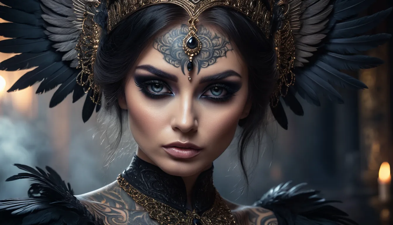 intricate beautiful dark angel, dark makeup, intense smoky eyes, long heavy eyelashes, tattooed russian woman, proud stance, det...